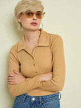 Tan Rib Polo Neck Full Sleeves Top SASSAFRAS